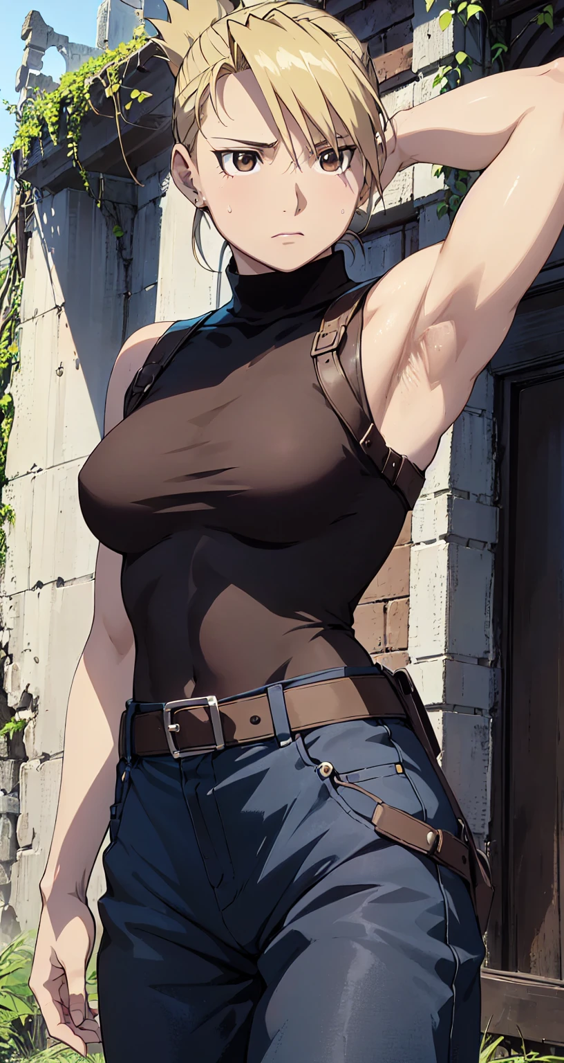 masterpiece, highest quality, High resolution, One Girl, Hamriz, ponytail, Brown eyes,big , Black Shirt, Tight shirt, holster, Short sleeve, belt, Covered navel, Blue pants,Outdoor、ruins、Natural light、Upper body close-up、Muscular body、blush、Sweat、Composition from the front、anime、(((Stand in front、Fix your hair、Both armpits are fully visible、Facing forward)))