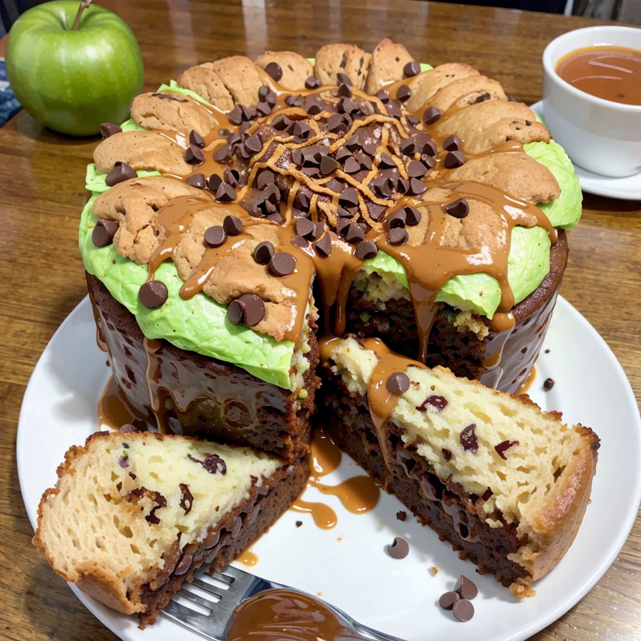 Zucchini, bacon, chocolate chip, cake, caramel syrup, apples