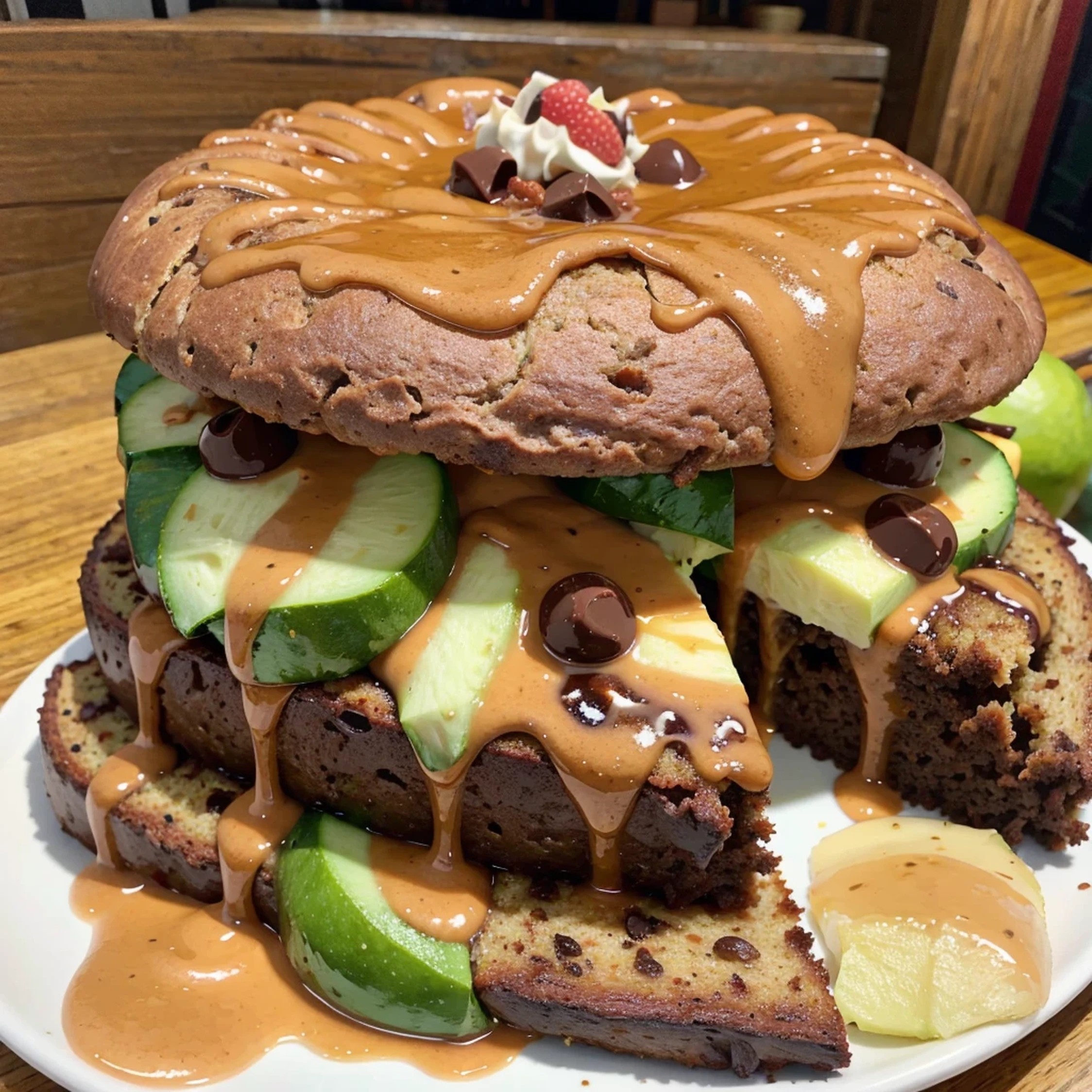 Zucchini, bacon, chocolate chip, cake, caramel syrup, apples