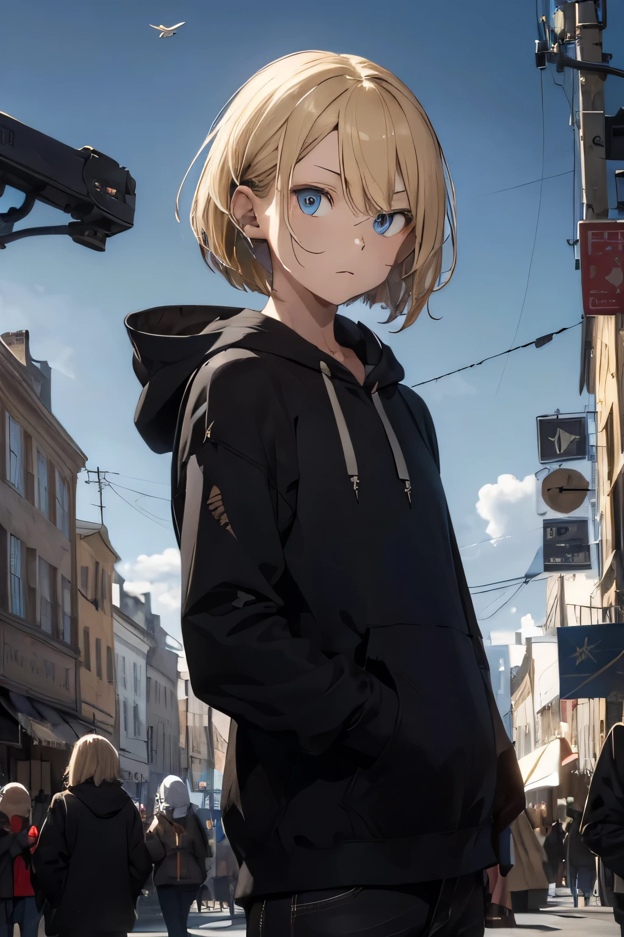 ((highest quality)), ((masterpiece)), (detailed), Perfect Face,Blonde, Blue eyes,Black clothes,hair,Fair skin,Bob,Confused eyes,hoodie,crowd,gun,Crow
