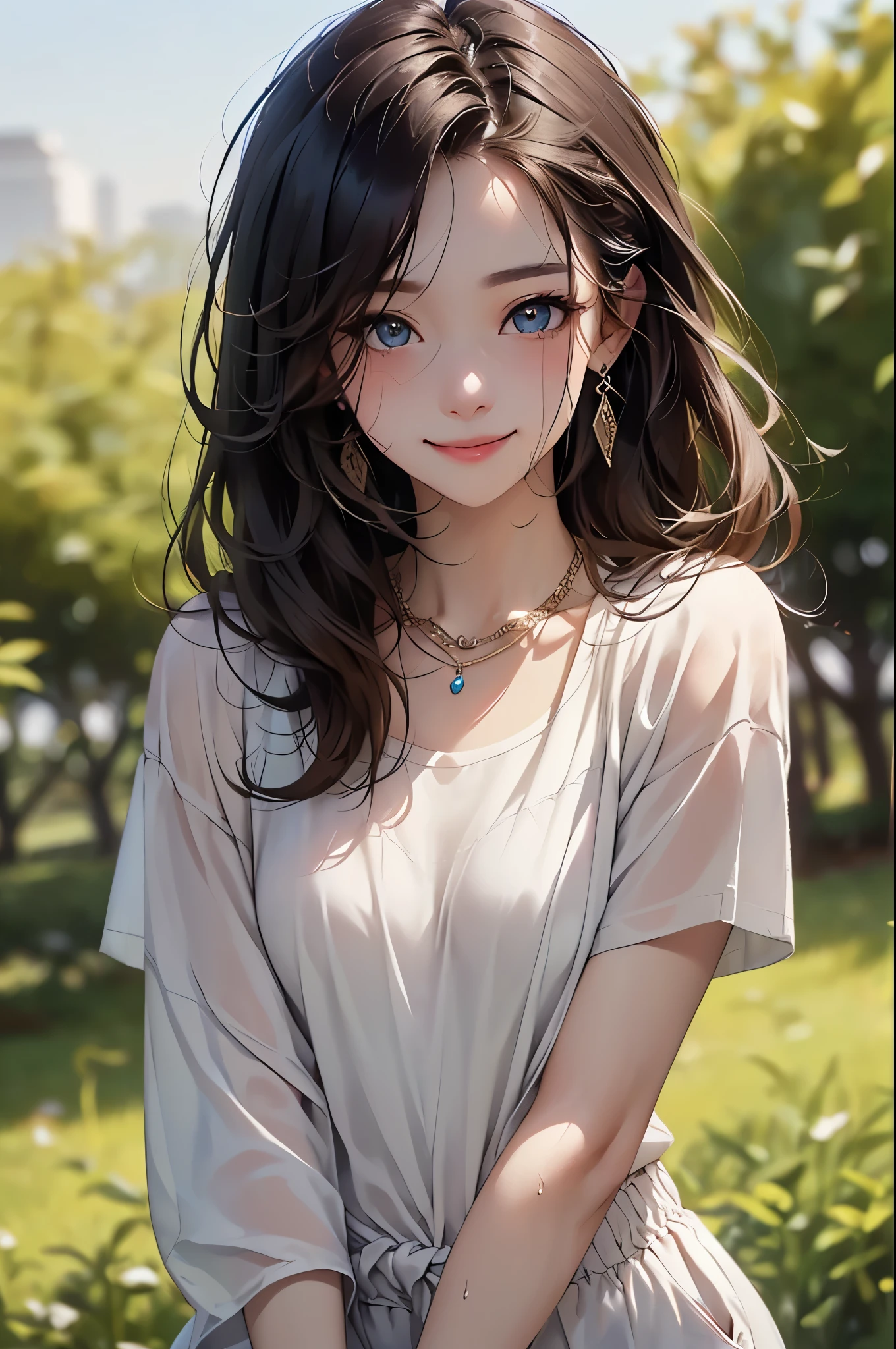 ((Biologically correct limb count))、((Full Body Shot, Full-body photo including face))、4K、masterpiece、((Focus on the face))、((Symmetrical facial features))、Eyes of meticulous depiction、Beautiful woman、Excellent style、Beautiful feet、(High heels)、Facial detailing、Small earrings、necklace、((Close-up photo of the upper body))、(Upper body T-shirt、Shorts)、Park scenery on a holiday morning、A big smile、sweating、Running Scene、