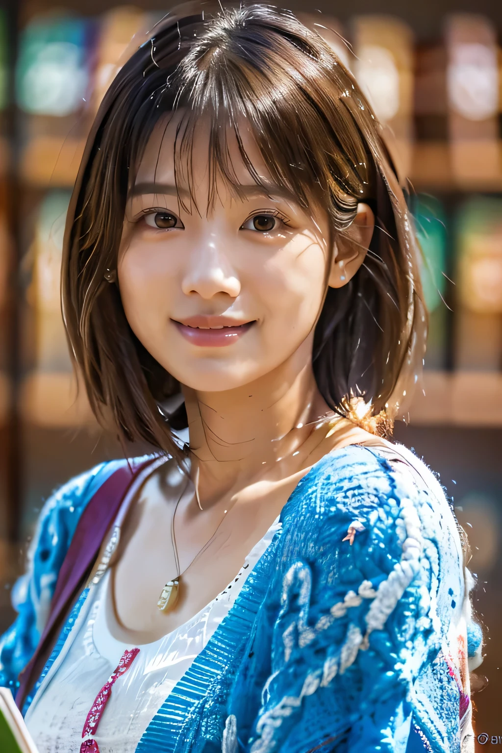 highest quality, Photorealistic, Very detailed, finely, High resolution, 8K Wallpaper, Professional, High level of detail, ((One 18 year old girl:1.2)), Slender Japanese women,Pretty lips, (Beautiful long lashes:1.2)、Detailed clavicle, Perfect Face, (Cute short bob hair:1.5),Top Quality,Ultra-clear resolution,Clear Eyes,Sunburned skin,Perfect large breasts,have perfect legs,Focus on the legs,(studying in the library:1.5)、(A serious look and a gentle smile:1.5)、(T-shirt and cardigan:1.2)