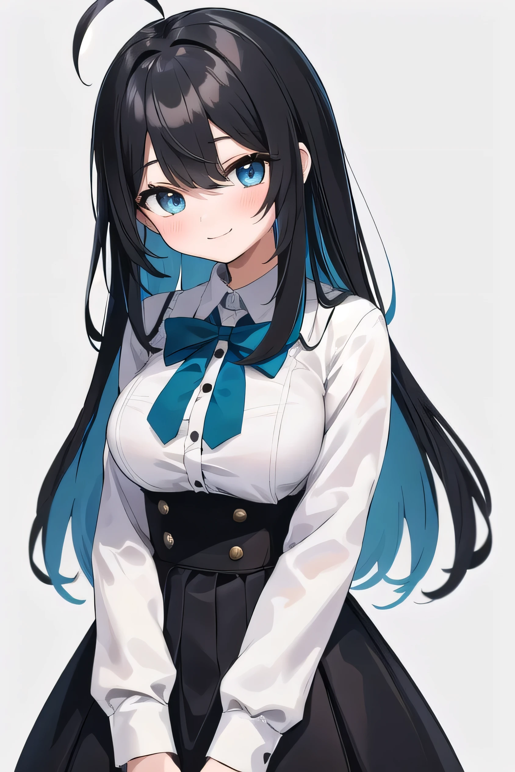 Junior high school student who looks like an elementary school student, 14 years old, very short, 140cm tall, black hair with a slight green tinge, short ahoge, beautiful long hair but with a little hair sticking out, beautiful round eyes, blue eyes, smile, boyish, long sleeves , thick clothes, skirt, big breasts, hair longer than waist, long hair, young face, dark greenish black hair, gentle smile, a little shy, skirt is black, hair is black but has a slight green tinge, boyish and gentle smile I have.