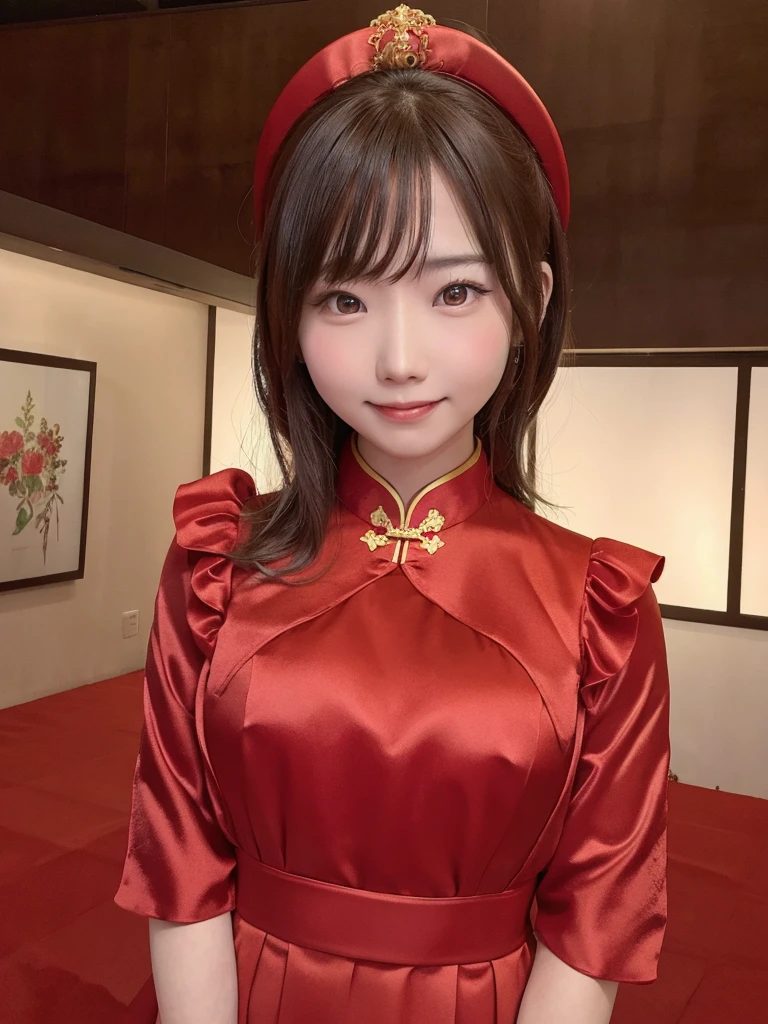 Red dress,Chinese clothing,china dress,brown hair, hair over shoulder, 21years old woman, grin, blush, Surrealism, Hyperrealism, Verism, wide shot, UHD, masterpiece, ccurate, anatomically correct, textured skin, super detail, high details, high quality, highres, 1080P, HD, 8k