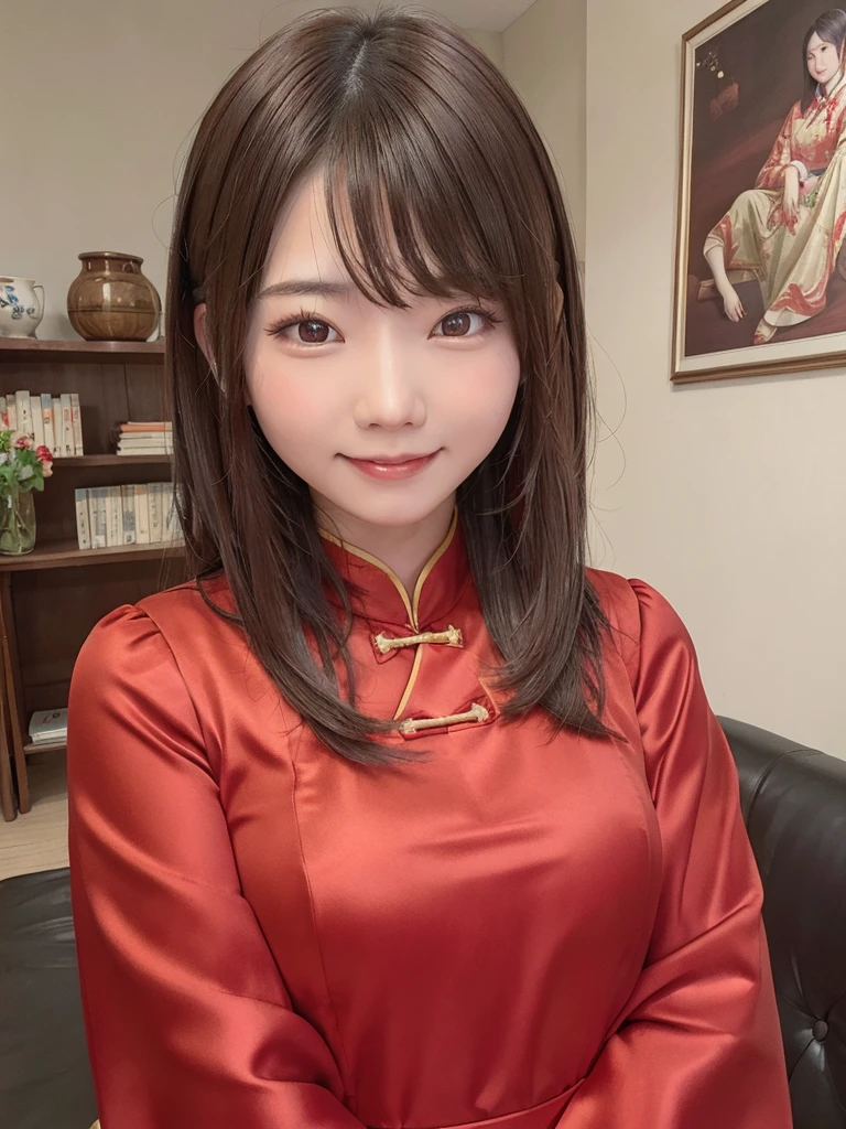 Red dress,Chinese clothing,china dress,brown hair, hair over shoulder, 21years old woman, grin, blush, Surrealism, Hyperrealism, Verism, wide shot, UHD, masterpiece, ccurate, anatomically correct, textured skin, super detail, high details, high quality, highres, 1080P, HD, 8k