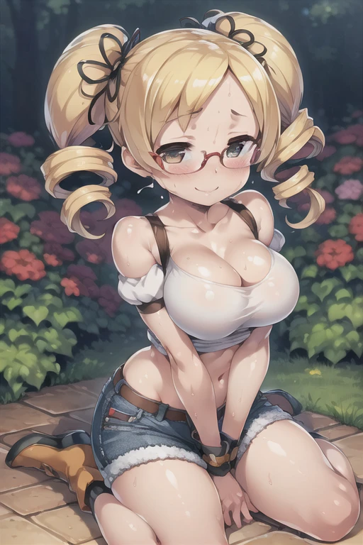 (masterpiece), (highest quality), (figure), (Very detailed), (High resolution), (8k), One Woman, Very large breasts, Big Breasts, Twin tails, Drill Hair, (Golden Hair), Very cute girl, Short, , delicate, Focus on women, she, smile, blush, Best moment, low length, Golden Eyes, Bright Eyes, Vivid eyes, cute, Thighs, Waistline, Beautiful Skin, Beautiful body, cute face, delicate arms, Innocent, Boyfriend's gaze, Neat, blush, whole body, Detailed skin texture, Intricate details, Very detailed face, Beautiful Eyes, Big Eyes, Mami Tomoe, Crop top, Denim shorts, garden, Striped knee socks, Glasses, Sweat, cleavage,