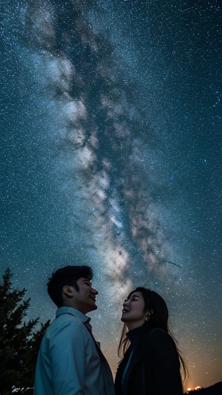 Create a couple lover realistic photo under an outstanding scene of starry night, photo taken from below