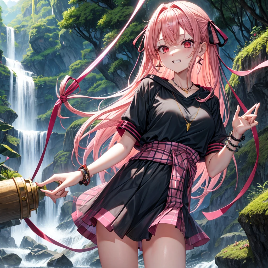 Pink golden hair、Red eyes、One good looking girl、solo、anime、Checkered mini skirt、Black camisole、Black T-shirt、hoodie、Wearing a ribbon、Ribbon on waist、Crystal Earrings、Gemstone Necklace、Light and shadow、Tilting face、Teeth are visible、waterfall、Torrent、tunnel、pylon、Sunset sky、Towering、frilled lizard、light、flash、Barrel、Wife、loose、moss、isolated island、Hell's Gate、Blue flame、Sitting on the throne