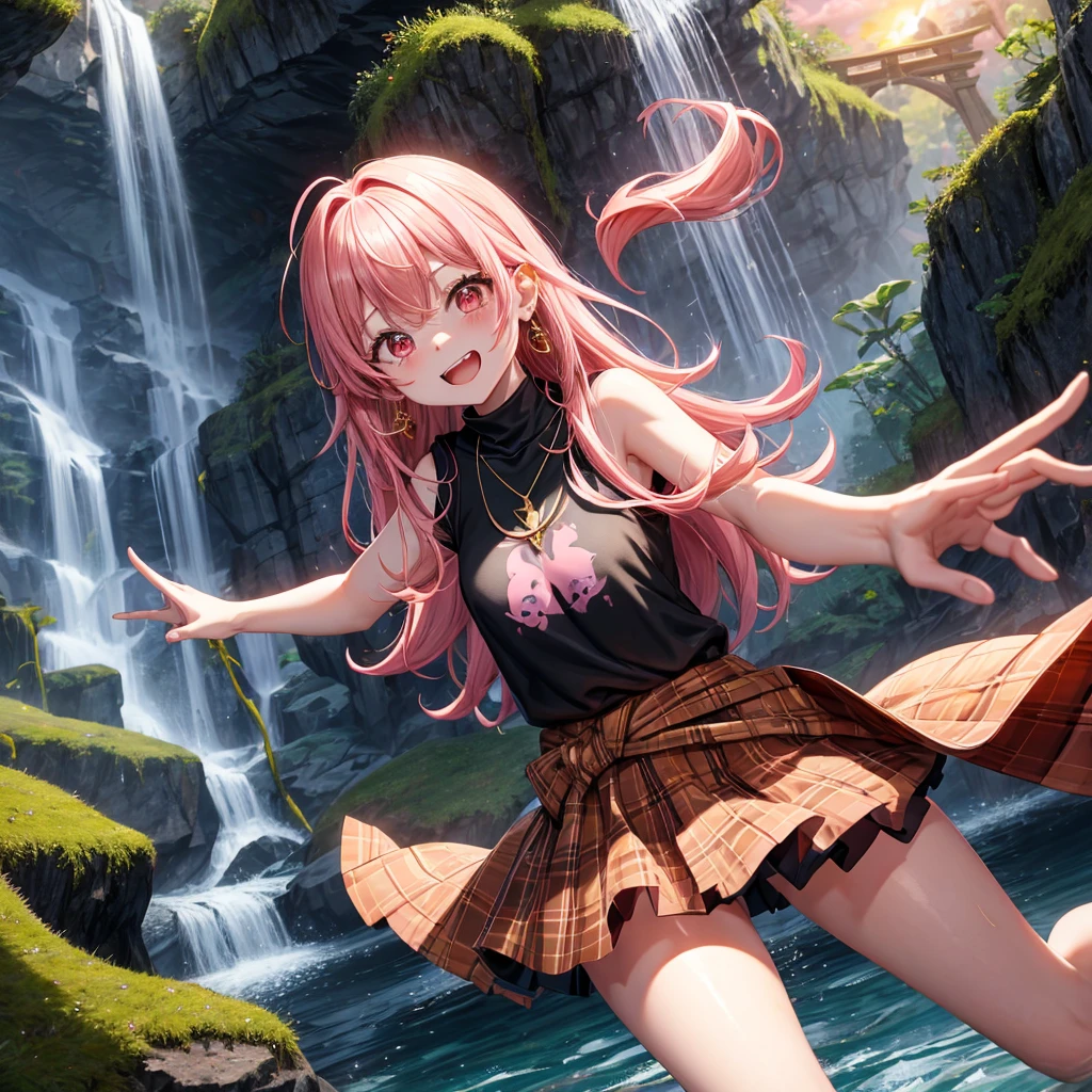 Pink golden hair、Red eyes、One good looking girl、solo、anime、Checkered mini skirt、Black camisole、Black T-shirt、hoodie、Wearing a ribbon、Ribbon on waist、Crystal Earrings、Gemstone Necklace、Light and shadow、Tilting face、Teeth are visible、waterfall、Torrent、tunnel、pylon、Sunset sky、Towering、frilled lizard、light、flash、Barrel、Wife、loose、moss、isolated island、Hell's Gate、Blue flame、Sitting on the throne