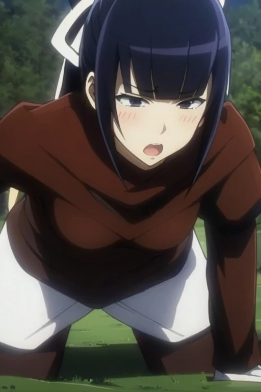 Hinata, sitting on ground, spreading legs, feet up, ahegao face, cum in mouth, tongue out