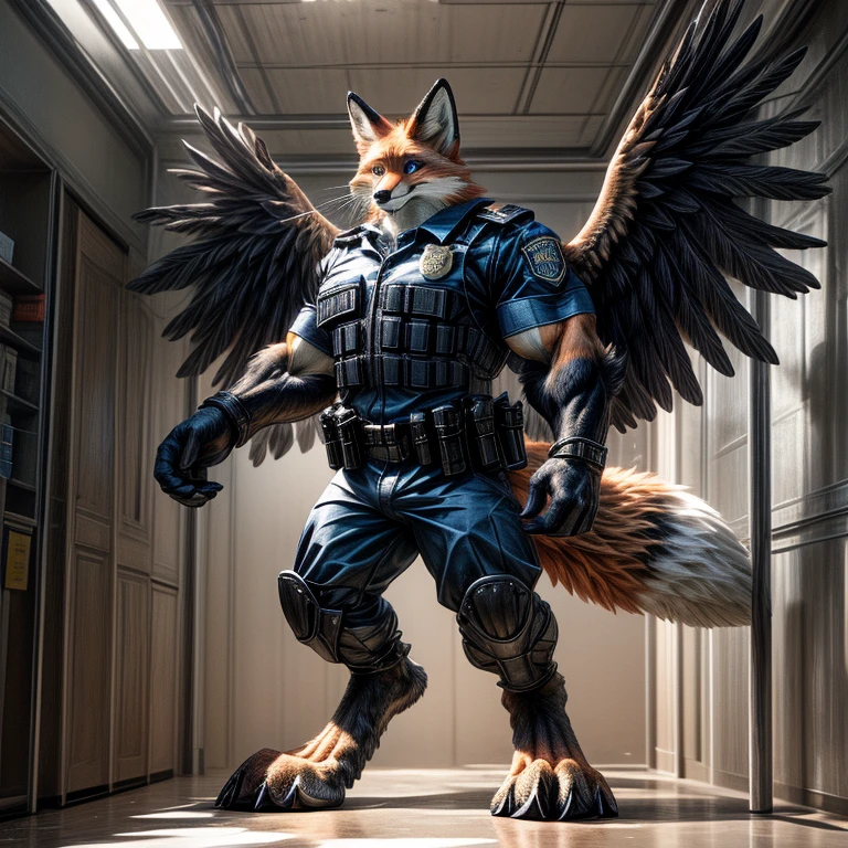 (((anthro muscle red fox, blue eyes, brown forearm, whiskers, black stripe on muzzle, digitigrate))), ((blue feathered wings)), in a (police station). (((human legs))), ((big paws)), (shocked expression), ((gign uniform)), broad shoulders, big biceps, big pecs, big thighs, hyper giant bulge (((big feet))), (detailed fox face), male focus, detailed eyes, high quality, best quality, concept art, photorealistic 