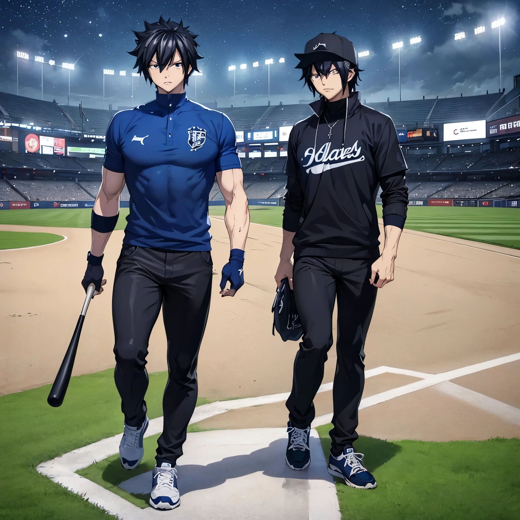 Gray Fullbuster, wearing a classic baseball uniform, black hair, dark blue eyes, baseball cap, sports shoes, walking on the field in a baseball stadium, night place, bright place, full body, muscular, serious face, very detailed, masterpiece, ultra defined, ultra resolution.