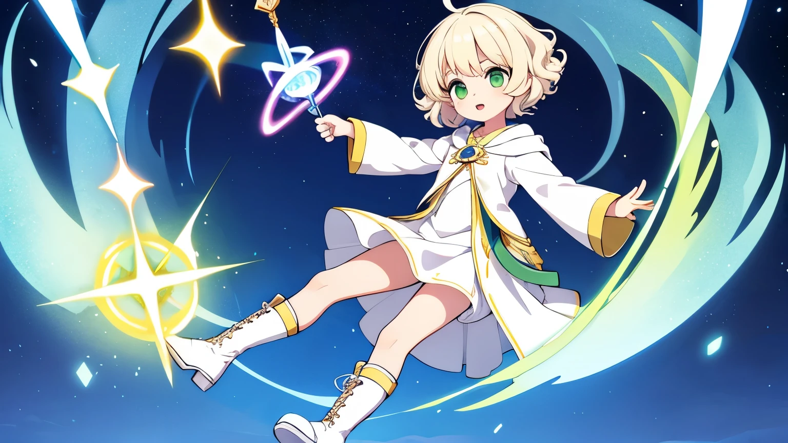 Unknown gender,Age unknown,Platinum blonde curly short hair,Yellow-green eyes,White clothes,Boots underfoot,Flying in the sky,Wizard,Holding a large wand and using magic
