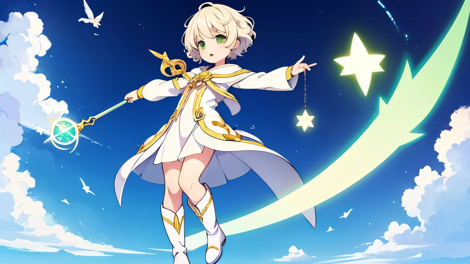 Unknown gender,Age unknown,Platinum blonde curly short hair,Yellow-green eyes,White clothes,Boots underfoot,Flying in the sky,Wizard,Holding a large wand and using magic