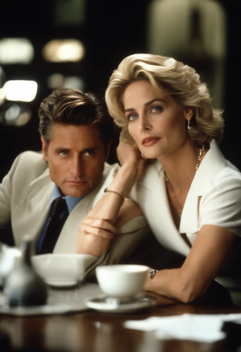 1dilf Michael Douglas and 1milf Sharon Stone, basic instinct, Hollywood celeb, 1990s, Michael Douglas as "Detective Nick Curran", Sharon Stone as "Catherine Tramell", Detective Nick Curran from the film "basic instinct", Catherine Tramell from the film "basic instinct", hyperrealistic