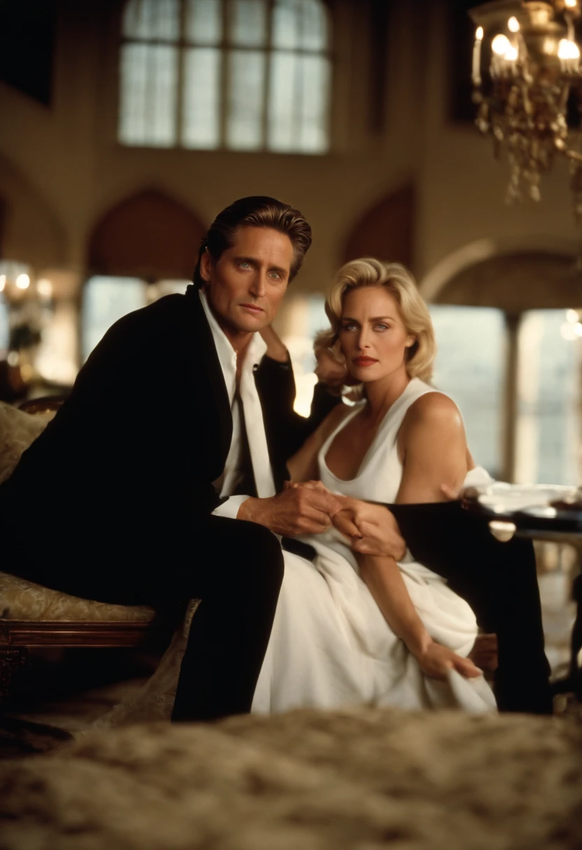1dilf Michael Douglas and 1milf Sharon Stone, basic instinct, Hollywood celeb, 1990s, Michael Douglas as "Detective Nick Curran", Sharon Stone as "Catherine Tramell", Detective Nick Curran from the film "basic instinct", Catherine Tramell from the film "basic instinct", hyperrealistic