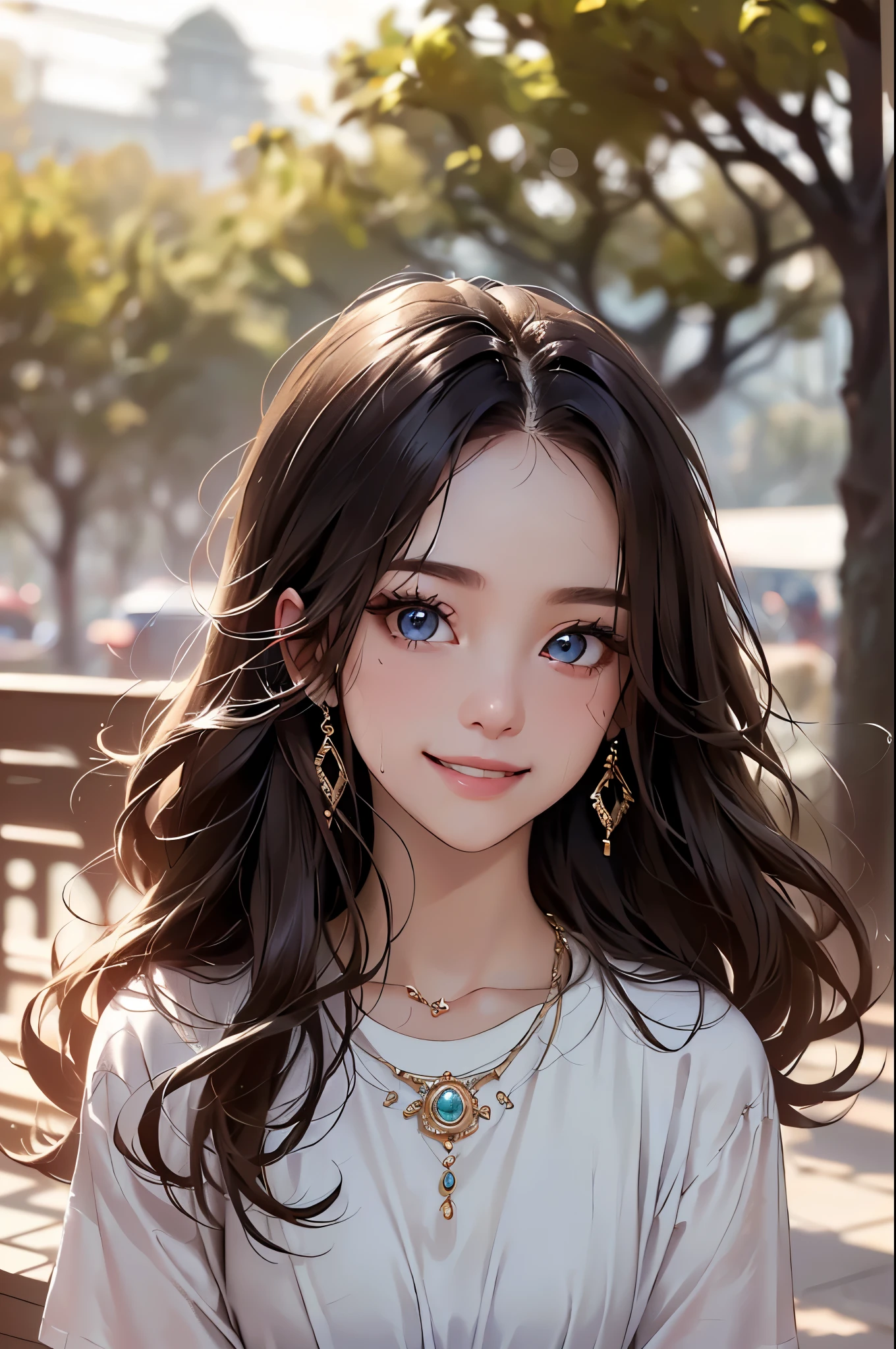 ((Biologically correct limb count))、((Full Body Shot, Full-body photo including face、Head to toe photos))、Standing position、[Browsing Caution]、4K、masterpiece、((Focus on the face))、((Symmetrical facial features))、Eyes of meticulous depiction、Beautiful woman、Excellent style、Beautiful feet、(High heels）、Facial detailing、Small earrings、necklace、((Close-up photo of the upper body))、(Upper body T-shirt、Lower body skirt）、Park scenery on a holiday morning、A big smile、sweating、Low - Angle、