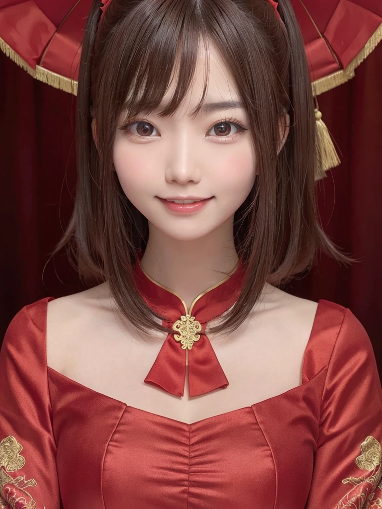 Red dress,Chinese clothing,china dress,brown hair, hair over shoulder, 26years old woman, grin, blush, Surrealism, Hyperrealism, Verism, wide shot, UHD, masterpiece, ccurate, anatomically correct, textured skin, super detail, high details, high quality, highres, 1080P, HD, 8k