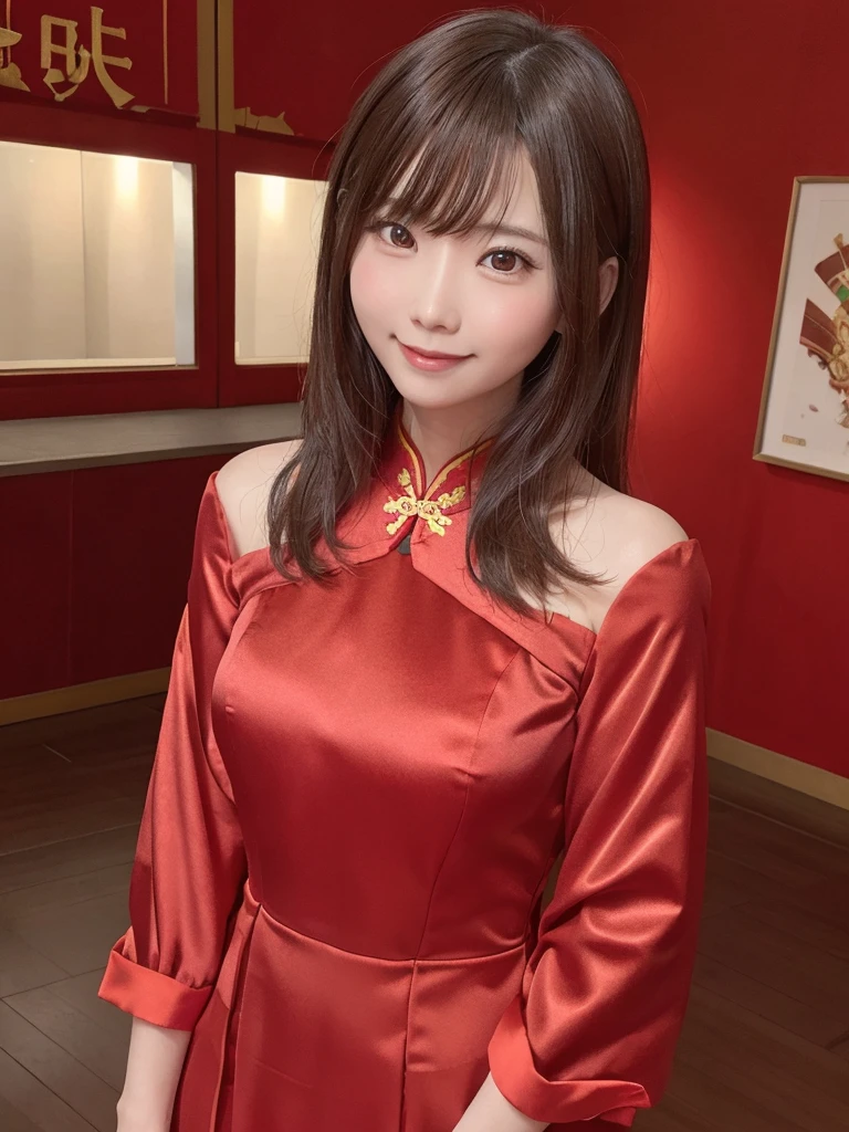 Red dress,Chinese clothing,china dress,brown hair, hair over shoulder, 26years old woman, grin, blush, Surrealism, Hyperrealism, Verism, wide shot, UHD, masterpiece, ccurate, anatomically correct, textured skin, super detail, high details, high quality, highres, 1080P, HD, 8k