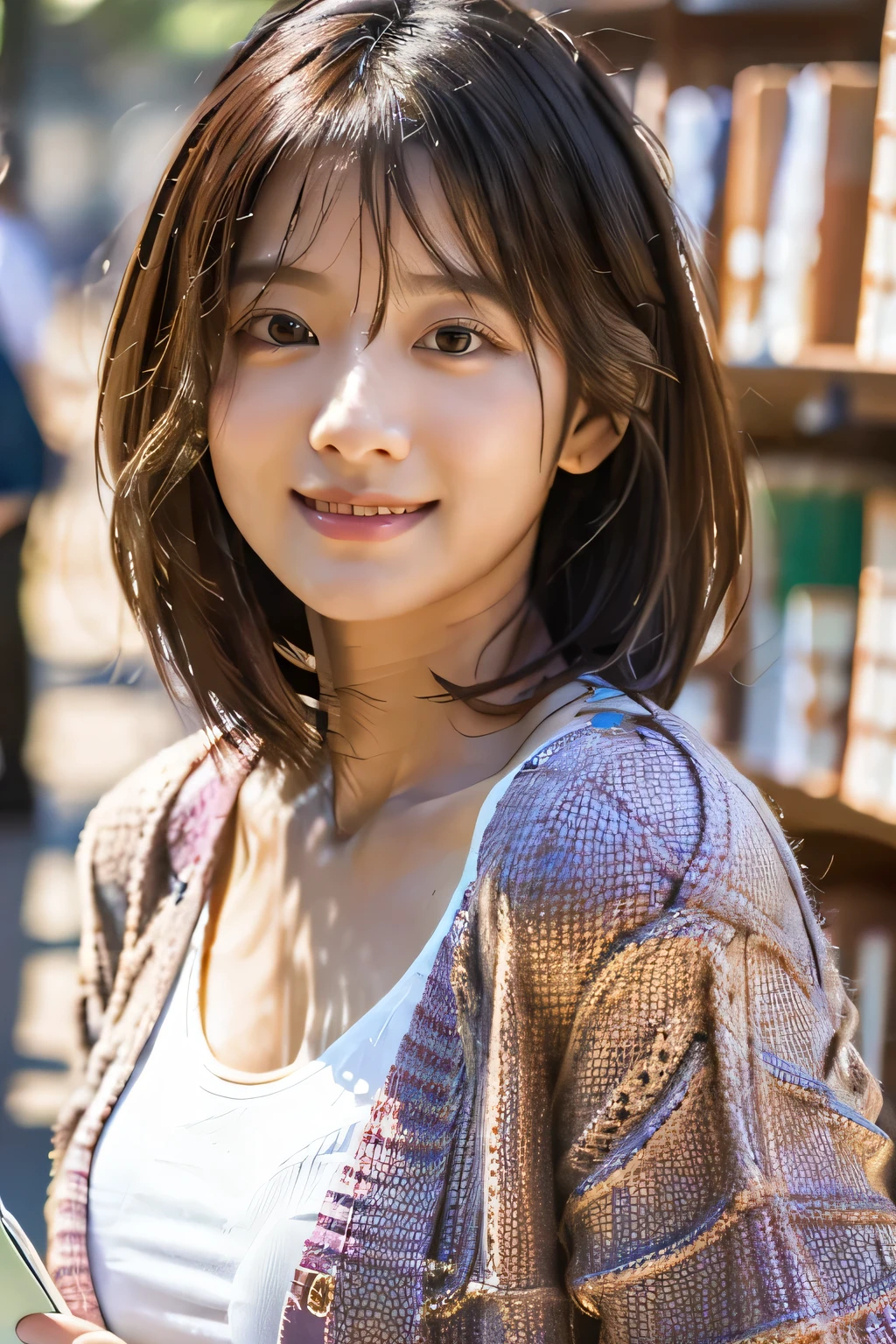highest quality, Photorealistic, Very detailed, finely, High resolution, 8K Wallpaper, Professional, High level of detail, ((One 18 year old girl:1.2)), Slender Japanese women,Pretty lips, (Beautiful long lashes:1.2)、Detailed clavicle, Perfect Face, (Cute short bob hair:1.5),Top Quality，Ultra-clear resolution，Clear Eyes，Sunburned skin，Perfect large breasts，have perfect legs，Focus on the legs，(studying in the library:1.5)、(A serious look and a gentle smile:1.5)、(T-shirt and cardigan:1.2)