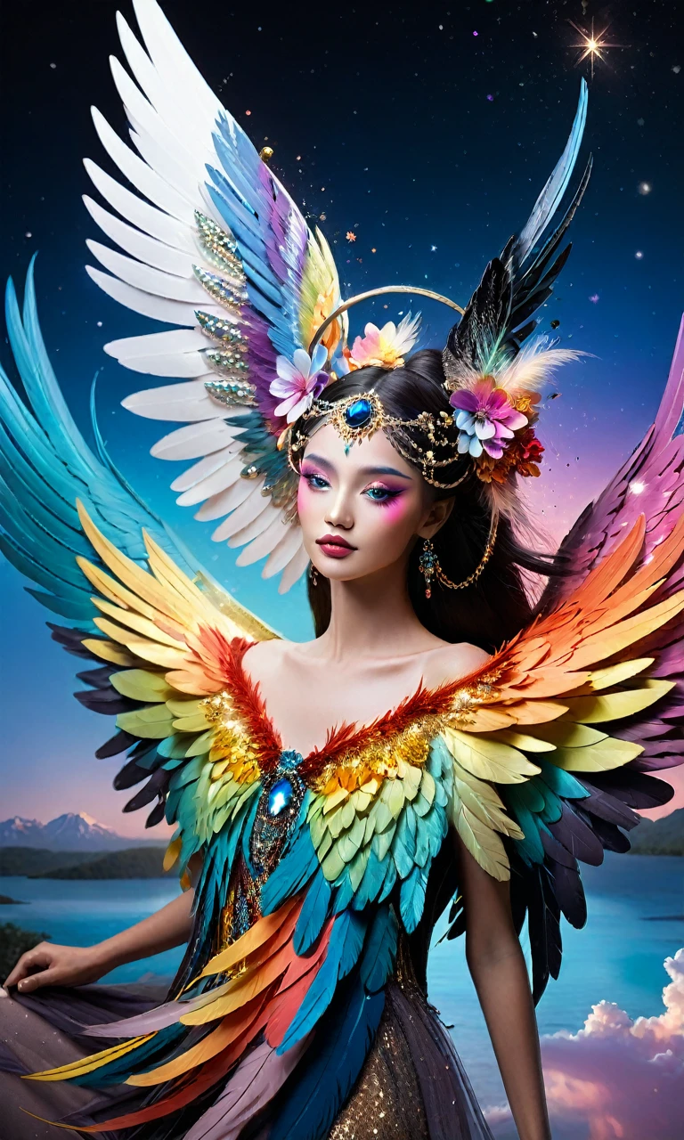 Dramatic depiction of a stunning beauty with glittering wings,Rainbow feathers. She flew over surrealism,Dusk sky,Leaving a trail of stardust behind. Her eyes sparkled with mystery and curiosity.. She is surrounded by floating islands that are not affected by gravity.,Each piece is decorated with bright colors,Floating crystal. Bold and fantastical colors,Create an otherworldly beauty. Use drone cameras to capture unique angles.,