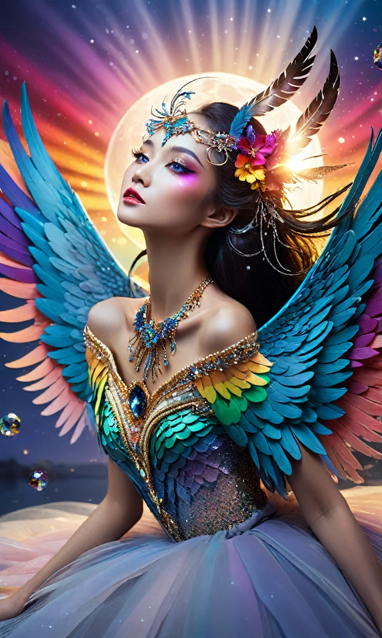 Dramatic depiction of a stunning beauty with glittering wings,Rainbow feathers. She flew over surrealism,Dusk sky,Leaving a trail of stardust behind. Her eyes sparkled with mystery and curiosity.. She is surrounded by floating islands that are not affected by gravity.,Each piece is decorated with bright colors,Floating crystal. Bold and fantastical colors,Create an otherworldly beauty. Use drone cameras to capture unique angles.,