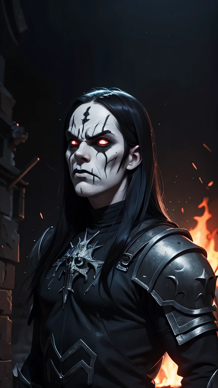 (masterpiece, best quality:1.2), (((1man, male))) , solo, highres, best quality, Half body shot of a strong Man, pale white skin angry man with (((black metal corpsy paint))), ((Angry face)) , heavy White and Black face paint, wearing a black and silver armor, spike, in a gothic cemitery, at night, horror movie. high details, super detail, textured skin, masterpiece, UHD, 4K, 8k. ((Cinematic lighting)). Church on fire background 