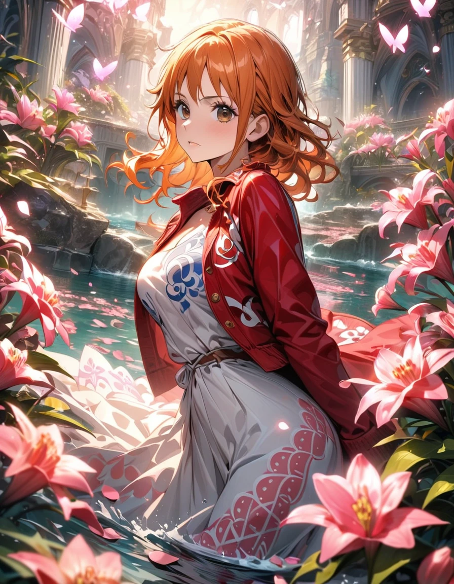 ((worst quality, low-quality)), ((girl with)), (Chest out:1.3), absurderes, superfine illustration,rainboweffect, hight resolution, ultra-detailliert,Light diffusion,highly detailed light reflection, Kaleidoscope, harmonious, Best Shadow, highly detailed very beautiful big smile face, beautiful growing crystal diamond star pupil,look at viewr, (Beautiful detailed red hair:1.2), Solo, Dynamic Pose, beautiful detailed pink and black ribon, beautiful detailed High , Open chest, ((perfect hand:1.5), Fantastic and sparkling throughout, (Cherry blossom background:1.3), masutepiece, Best Quality, ultra-detailliert,