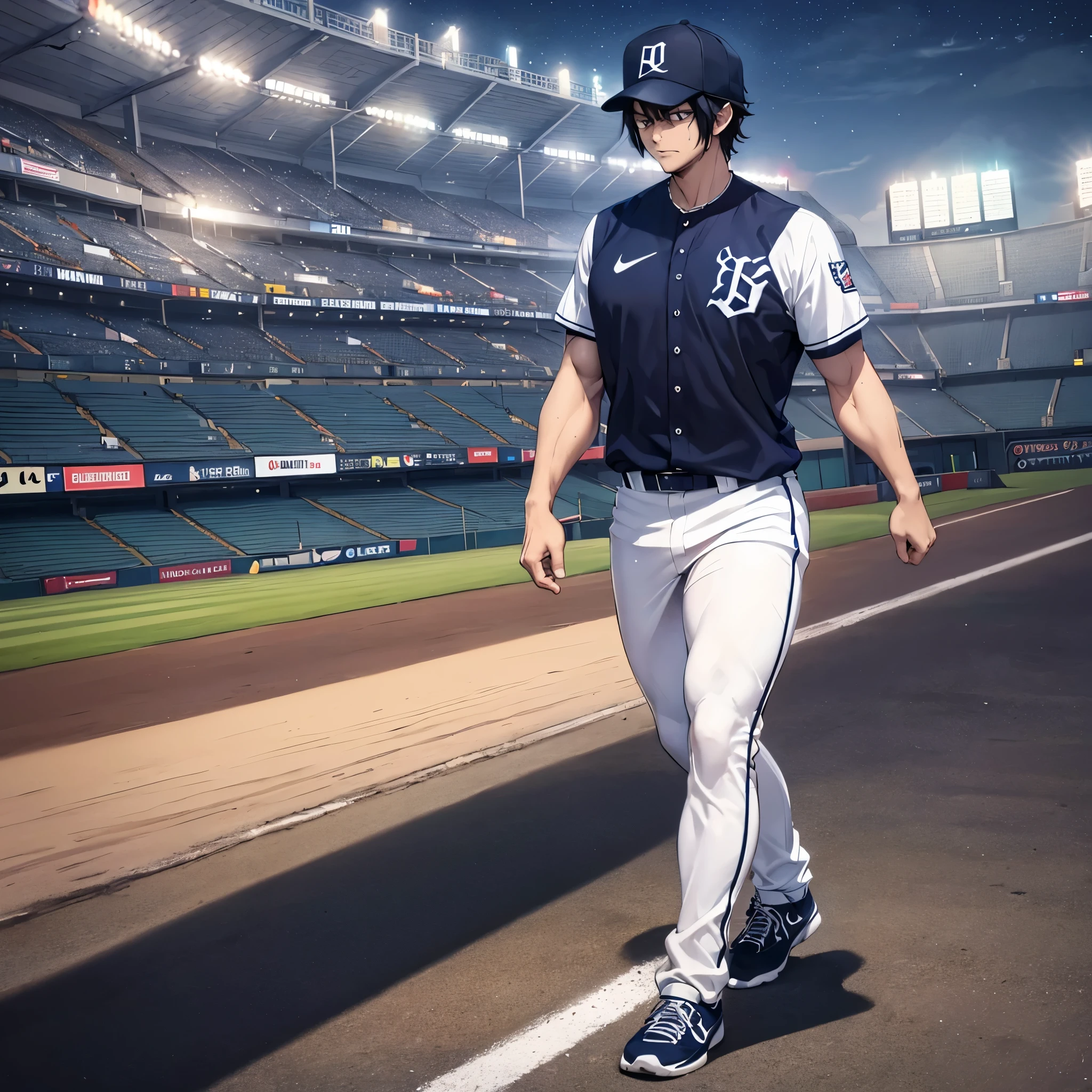 a man, wearing a classic baseball uniform, black hair, dark blue eyes, baseball cap, sports shoes, walking on the field in a baseball stadium, night place, bright place, full body, muscular, serious face, very detailed, masterpiece, ultra defined, ultra resolution. (solo man)
