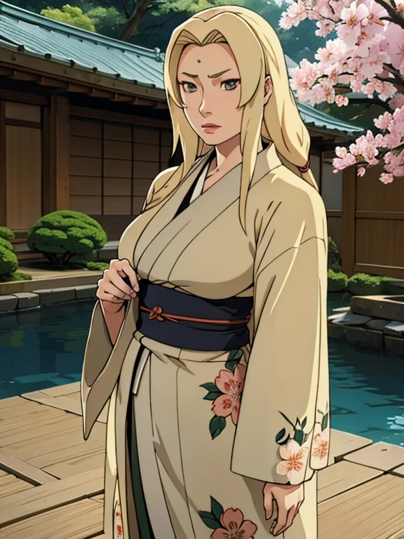 Tsunade, blonde, flowery kimono, cloak, japanese garden, standing