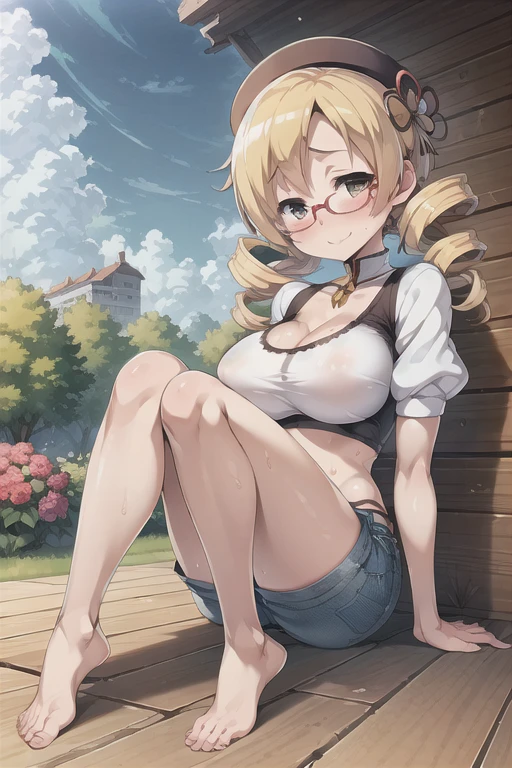 (masterpiece), (highest quality), (figure), (Very detailed), (High resolution), (8k), One Woman, Very large breasts, Big Breasts, Twin tails, Drill Hair, (Golden Hair), Very cute girl, Short, , delicate, Focus on women, she, smile, blush, Best moment, low length, Golden Eyes, Bright Eyes, Vivid eyes, cute, Thighs, Waistline, Beautiful Skin, Beautiful body, cute face, delicate arms, Innocent, Boyfriend's gaze, Neat, blush, whole body, Detailed skin texture, Intricate details, Very detailed face, Beautiful Eyes, Big Eyes, Mami Tomoe, Crop top, Denim shorts, garden, Striped knee socks, Glasses, Sweat, cleavage,
barefoot,