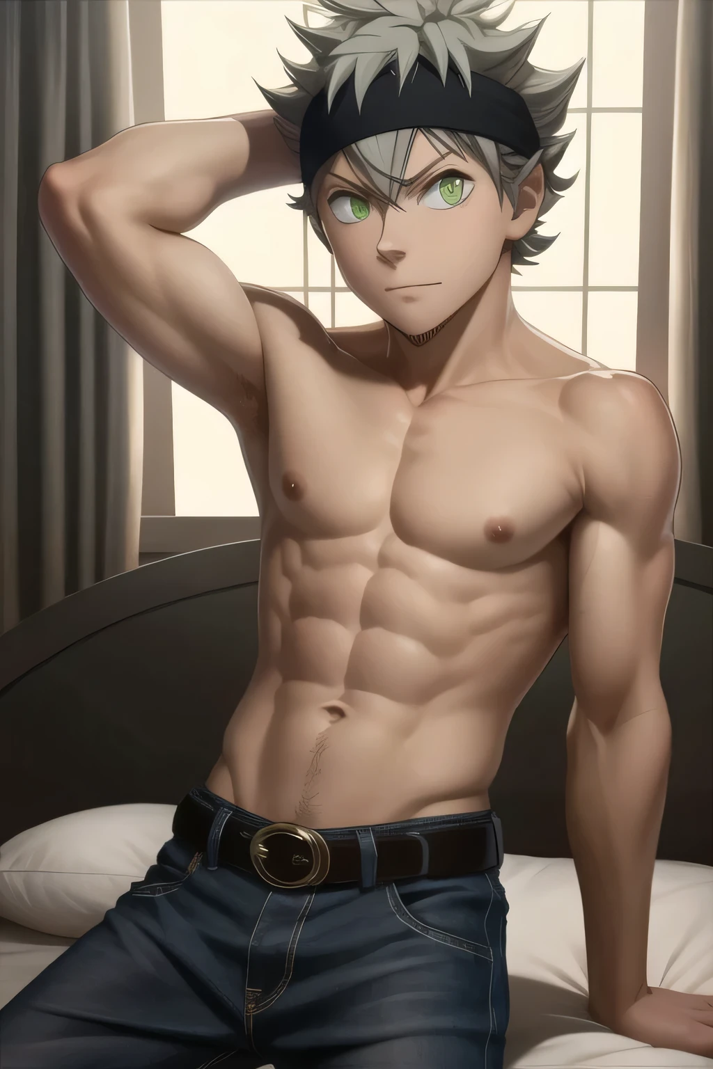 masterpiece, best quality, high quality, 1boy, solo, male focus, shirtless, looking at viewer, waist body, asta, green eyes, black headband, grey hair, left hand behind his head, spiked hair, on bed.