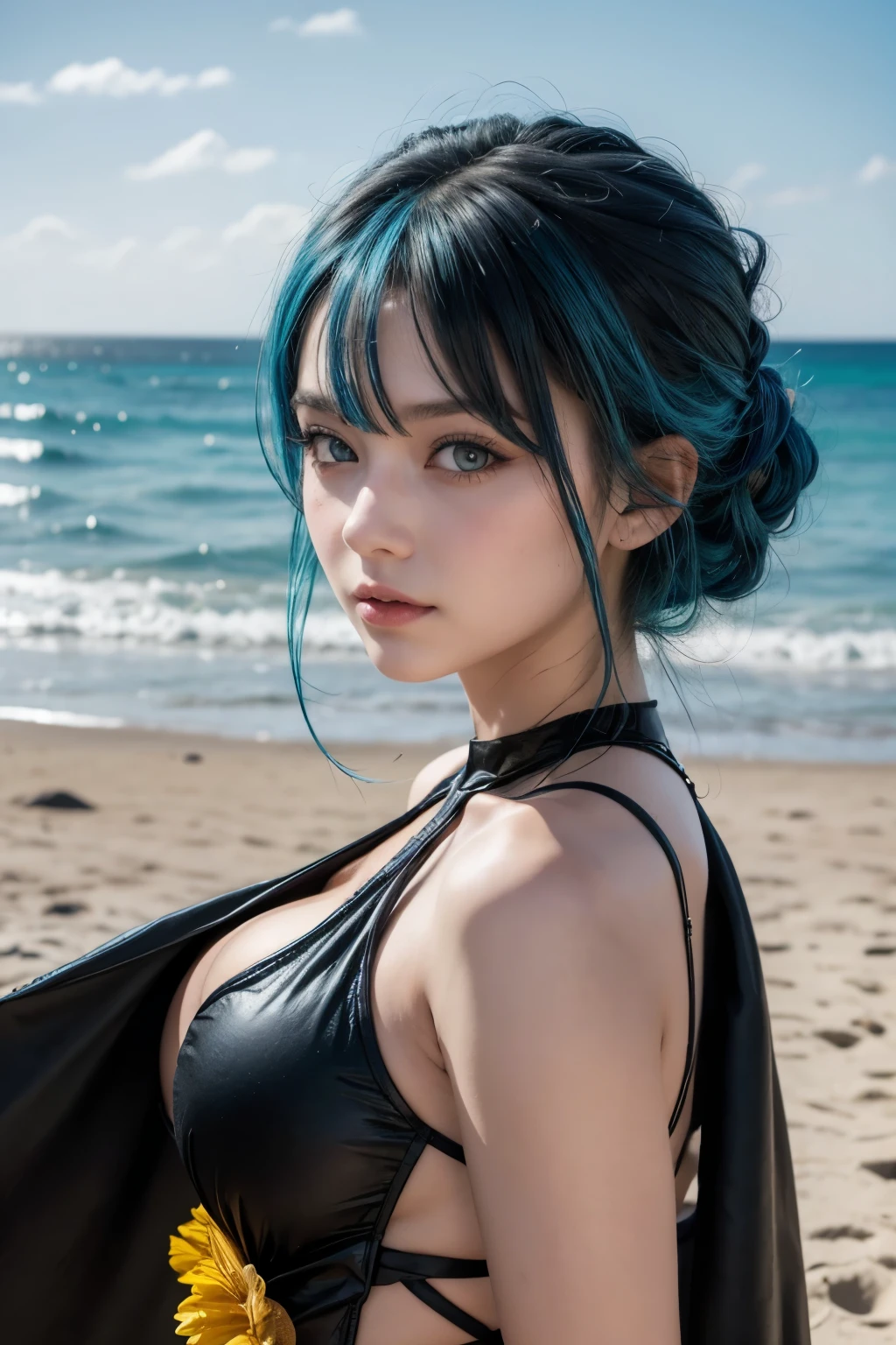 Hot girl, blue hair, yellow eyes, in the beach, wearing a black wedding outfit