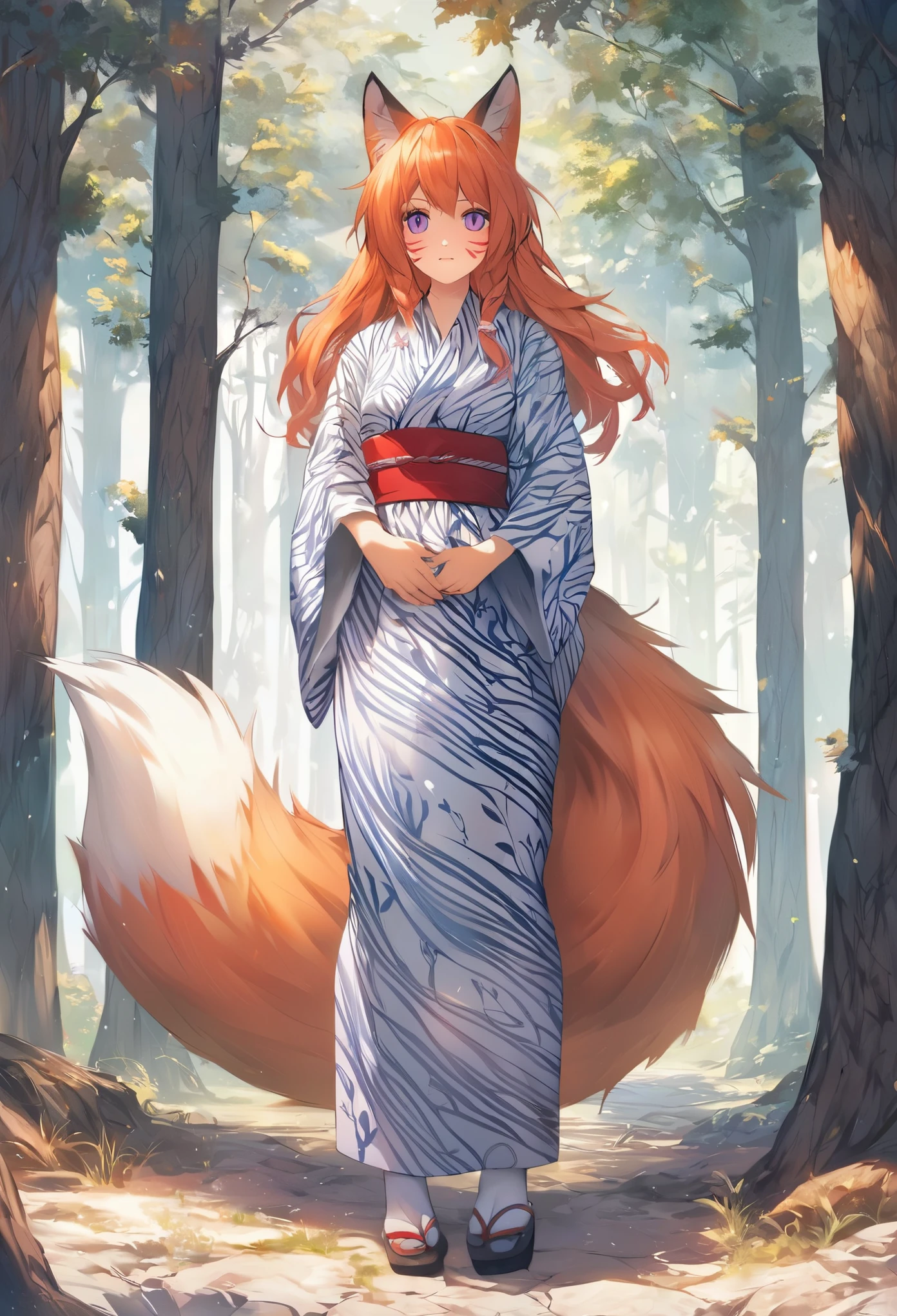 score_9, score_8_up, score_7_up, source_anime, hardcore, BREAK
1girl, fox girl, kitsune, ,
shy expression, d:, purple eyes, slit pupils, ginger fur, facial marks, small breasts, extreme detailed skin, one long fluffy fox tail,
colorful yukata, red belt, small white socks, black sandals, detailed clothing texture,
masterpiece, standing, hugging own tail, forest background, detailed background, noon