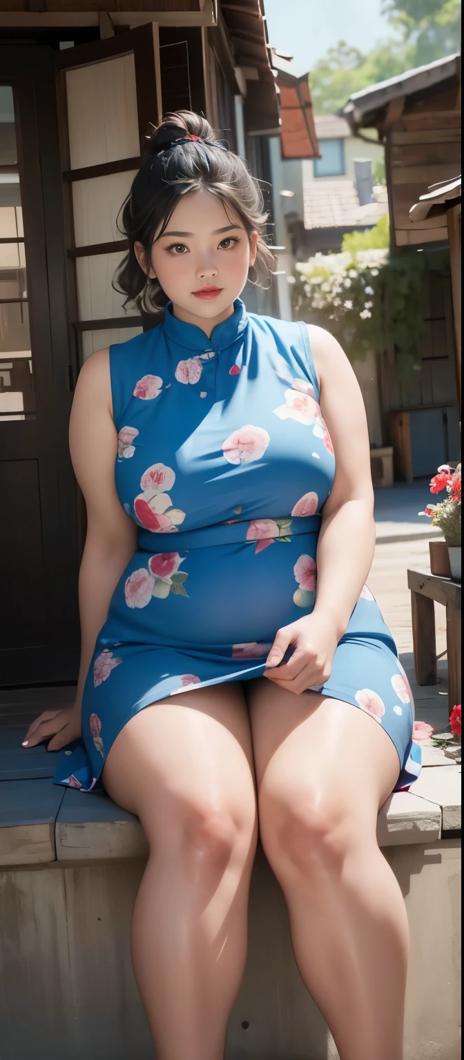 ((medium shot the scene is,A full body))1 girl, Obese body, generous dimensions, face round, double chin, Overweight,Short hair tied up ,Sleeveless blue and red floral shirt,Highlight the breasts,Put her weight on her stomach,looks into camera,Country garden background,ssmile,