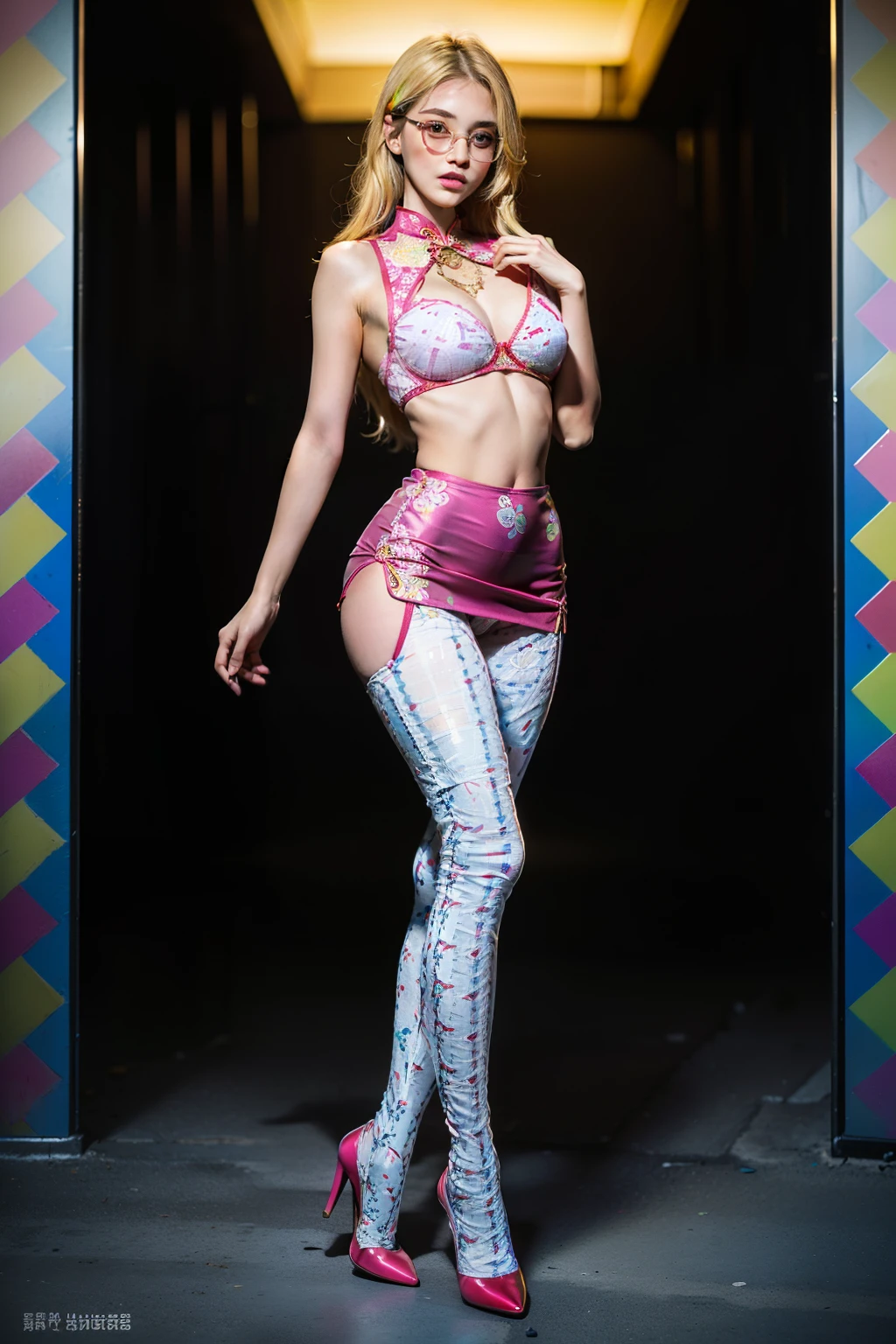 Black shot hair,(full body:1.5),(((only one girl)):1.4),(view the viewer:1.4),((anatomy correct):1.45),(((dancing in the palace, Perfectly integrated background))):1.3),(she wears large glasses and Holding pantie & Bra in her hand:1.2),(shy:1.15),((red cheongsam's set):1.2),(((((((patterns)))))) ,((thick pantyhose)):1.3),( Uniform high heels leather shoes with bows for female students:1.1),((Long legs and large chest):1.3),((((colorful))):1.4),(Accurate and perfect face:1.3),((blonde):1.2),hyper HD, Ray traching, reflective light, structurally correct, Award-Awarded, high detail, lighten shade contrast, Face lighting ,cinematic lighting, masterpiece, super detailing, high quality, high detail, best quality, 16k,High contrast,