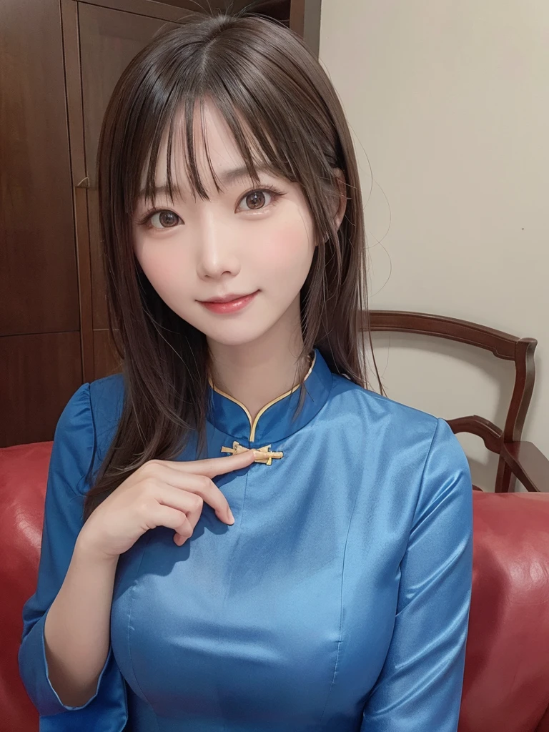 Blue Dress,Chinese clothing,china dress,brown hair, hair over shoulder, 26years old woman, grin, blush, Surrealism, Hyperrealism, Verism, wide shot, UHD, masterpiece, ccurate, anatomically correct, textured skin, super detail, high details, high quality, highres, 1080P, HD, 8k