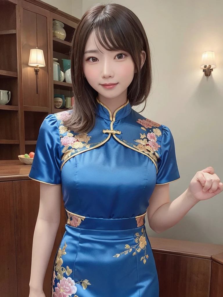 Blue Dress,Chinese clothing,china dress,brown hair, hair over shoulder, 26years old woman, grin, blush, Surrealism, Hyperrealism, Verism, wide shot, UHD, masterpiece, ccurate, anatomically correct, textured skin, super detail, high details, high quality, highres, 1080P, HD, 8k