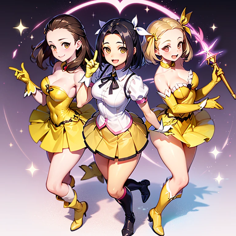 1 young woman, (((extremely cute and beautiful))), (((smile))), (((open mouth))), (((fully exposed neckline))), (((medium breasts))), (((thick thighs))), (((white top))), (((medium hair))), (((black hair))), ((full body)), shiny skin, (((ponitail))), (((forehead))), (((hair combed back exposing forehead))), (((light brown eyes))), (((magical girl style))), (((magical girl uniform))), (((yellow mini skirt))), (((Long yellow gloves ))), (((long boots))), ((magic rod))), (((hair ribbon))), (((hair ties))), sparkling heart pink background, crystal light effect, (Magic Effect: 0.9)