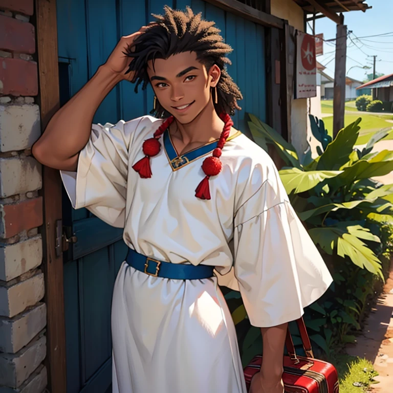 Homem jovem de 24 anos, pele clara forte atraent e vestido com roupas antigas de camponeses, belo sorriso cabelos ruivos