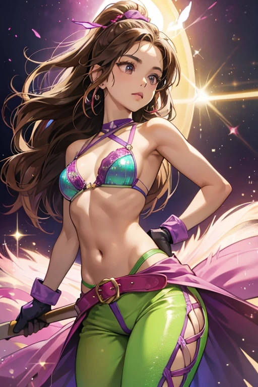 She is Brazilian, and has long brown hair and a tan skin tone. She wears periwinkle colored Capoeira pants made of a holographic fabric with a bright magenta rope belt that is also used to lace up the upper thighs of her pants and have a small butterfly ornament on the front with red and green beads holding the belt at her left hip. She also wears a purple and violet sequin bikini top, green gloves, and bronze armbands with a single red feather on each. This outfit is seen in her ending where she hugs Eddy at the Arena stage. SPARKLE; GLITTER