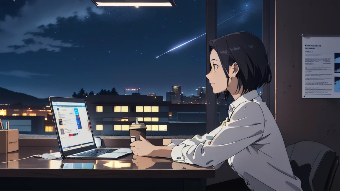 (RAW Photos, highest quality), One girl, Night Sky, Mature Woman, Dark office,Perfect spot lighting,Coffee in one hand,Looking out,Laptops