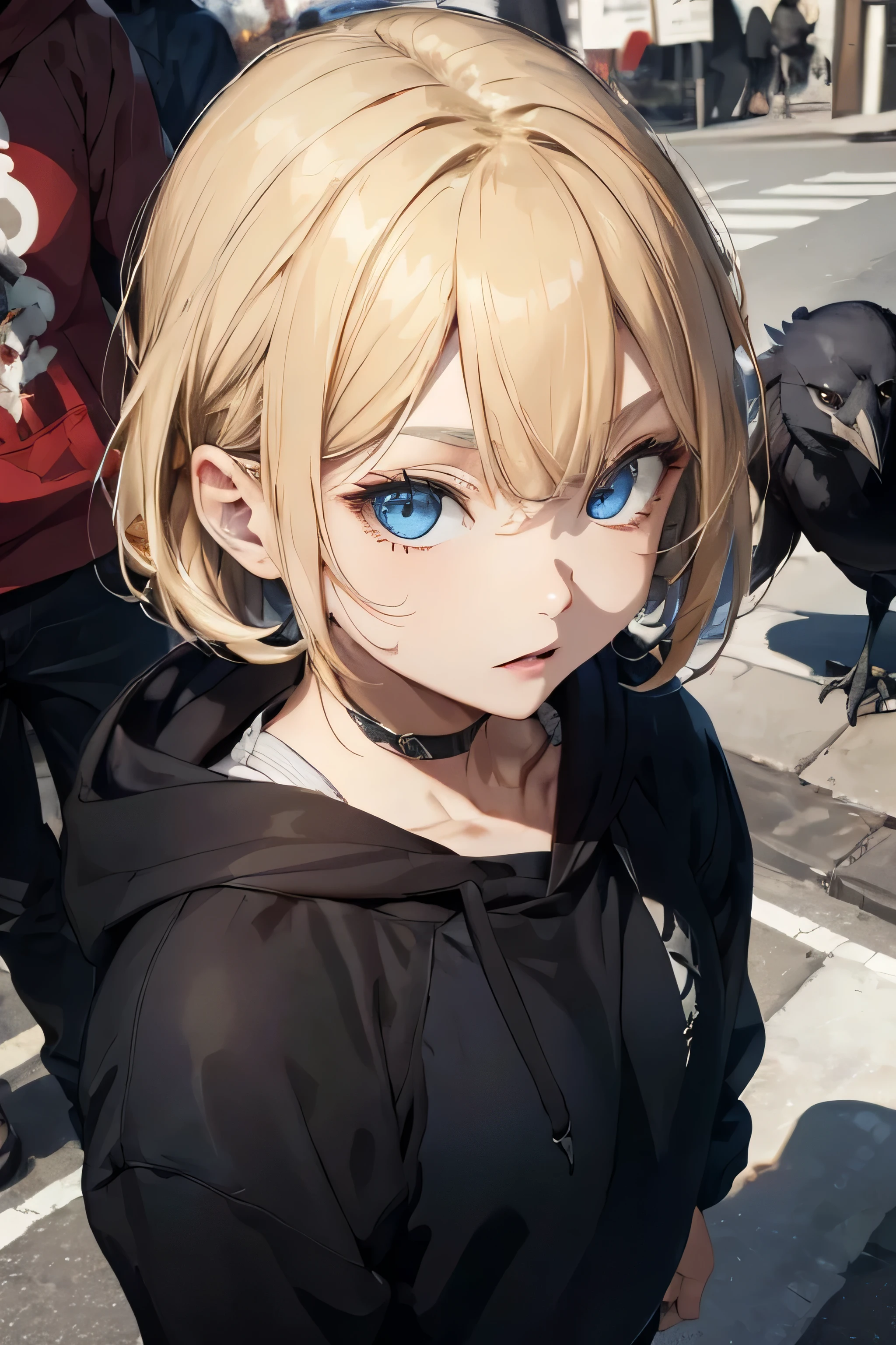 ((highest quality)), ((masterpiece)), (detailed), Perfect Face,Blonde, Blue eyes,Black clothes,hair,Fair skin,Bob,Confused eyes,hoodie,crowd,Crow,London,from above