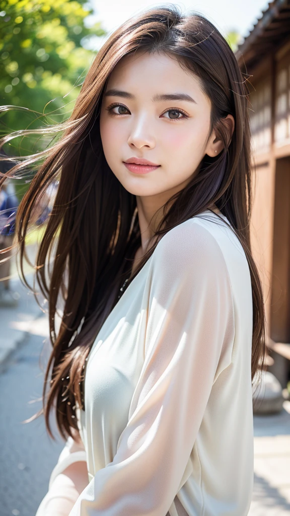 With the alleys of Kyoto in the background、18-year-old girl、independent、look forward to、Light eye makeup、Brown Hair Color、flat 、Hair blowing in the wind、Quality of actress、Shiny, Ultra-realistic faces、smileの表情、Watery eye、look up、Pleasant lighting effects、 Ultra-Realistic Capture、Very detailed、High resolution 16k human skin closeup。Skin texture must be natural、Must be so detailed that pores are visible、skin is healthy、There must be a unified tone、Use natural light and color、High quality photos taken by modeling agencies'Exclusive photographer、smile