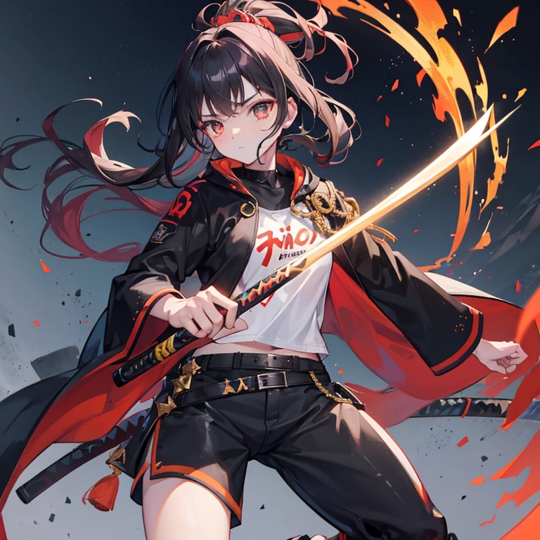 Una ciudad con destrozos y fuego en algunas partes. en medio, a girl of approximately  in a samurai-type attack position with a black katana that has a type of latent black flame on the blade. Tiene ojos morados oscuros, cabello negro com color naranja en las puntas. La ropa de la chica es un atuendo de samaruai moderno, pantalones de entrenamiento y comodos, a black shirt that is tucked in with the pants, a black belt with gold details and wears a gold cape with white spot details, tiene la cara algo sucia cin varios cortes y ropa rota con heridas. En la cara tiene pintadas marcas de flechas apuntando a cualquier lado que salen desde sus mejillas.