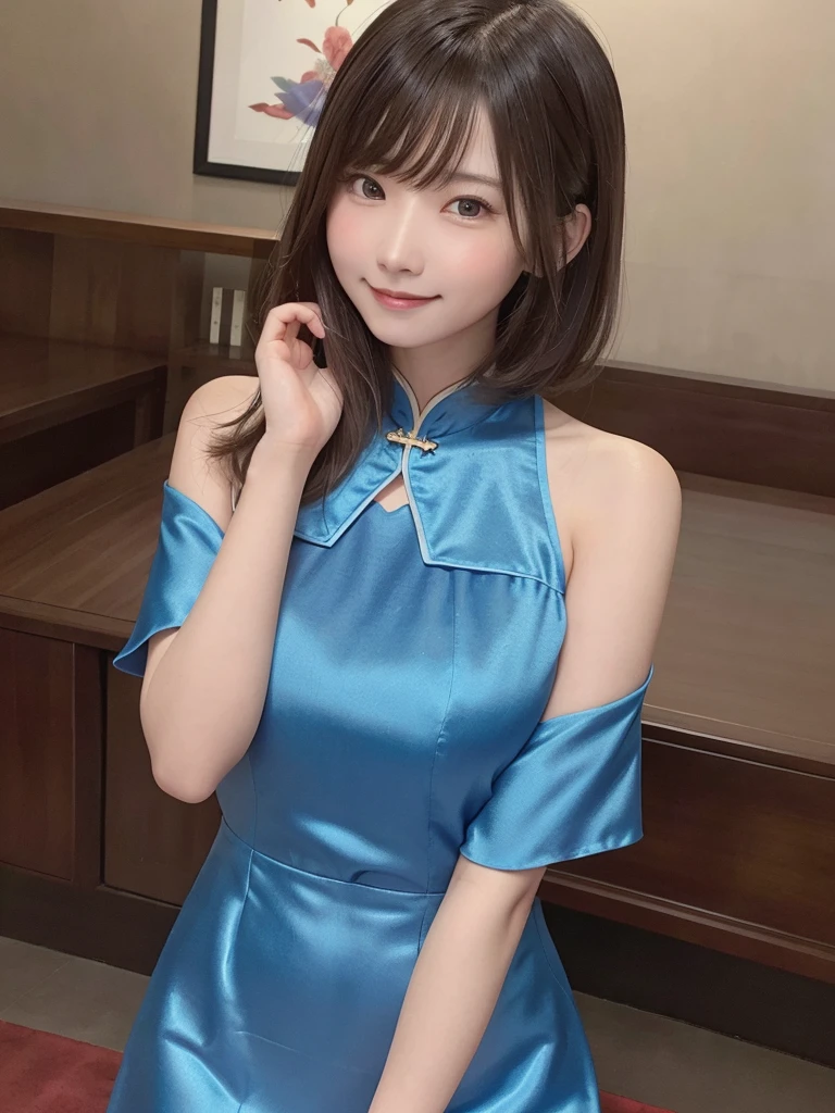 Blue Dress,Chinese clothing,china dress,brown hair, hair over shoulder, 21years old woman, grin, blush, Surrealism, Hyperrealism, Verism, wide shot, UHD, masterpiece, ccurate, anatomically correct, textured skin, super detail, high details, high quality, highres, 1080P, HD, 8k