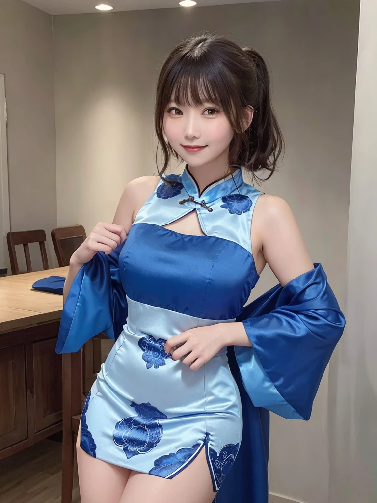 Blue Dress,Chinese clothing,china dress,brown hair, hair over shoulder, 21years old woman, grin, blush, Surrealism, Hyperrealism, Verism, wide shot, UHD, masterpiece, ccurate, anatomically correct, textured skin, super detail, high details, high quality, highres, 1080P, HD, 8k