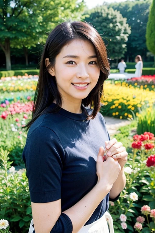 Realistic photography, Beautiful women. ,flower garden,smile