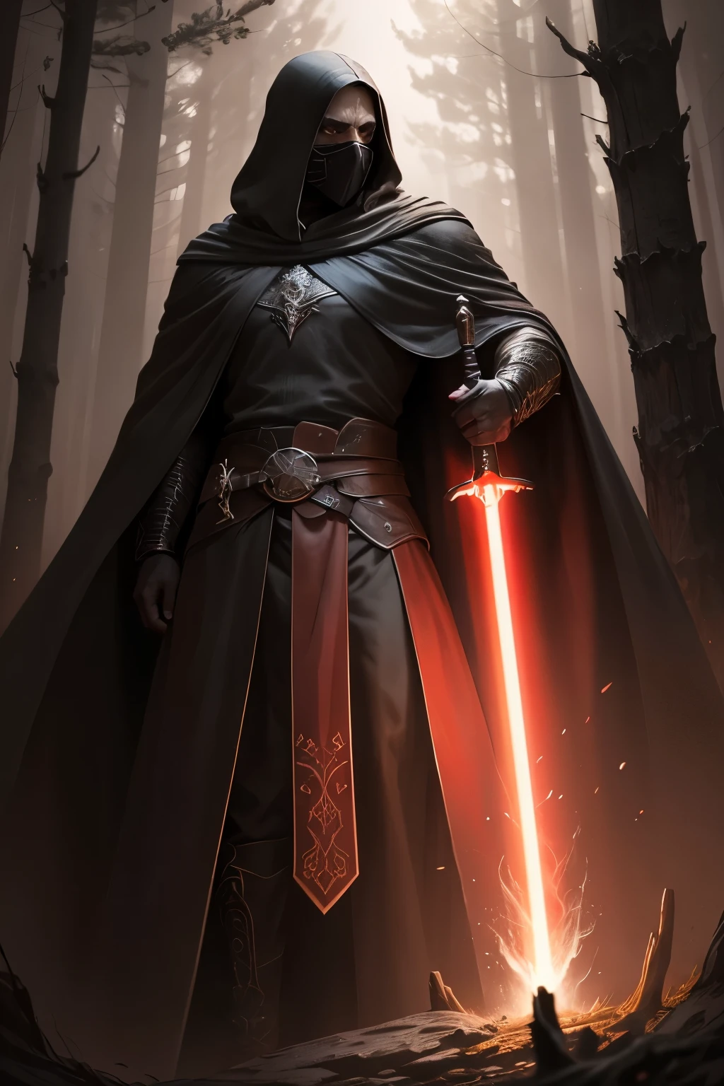 a man in a cloak sosteniendo un sable de luz rojo, in a dark black and rojo forest, Hold a lightsaber in the forest, sable laser resplandeciente (rojo),dark fantasy style art, dark fantasy artwork, 8K fantasy art, dark fantasy style, 4K fantasy art, HD epic fantasy art style, dark fantasy art, dark fantasy concept art, Epic fantasy in digital art style., in style of dark fantasy art, sable resplandeciente in hand