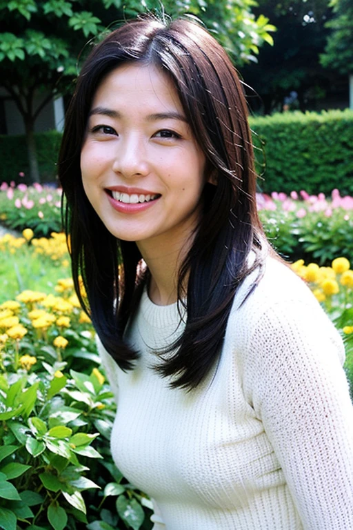 Realistic photography, Beautiful women. ,flower garden,smile